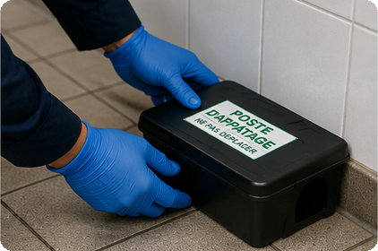 Personne portant des gants bleus installant un poste d’appâtage noir contre un mur carrelé