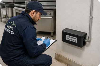 controle-regulier-points-sensibles-422x280 Technicien en tenue de travail inspectant un conteneur mural et prenant des notes sur une tablette