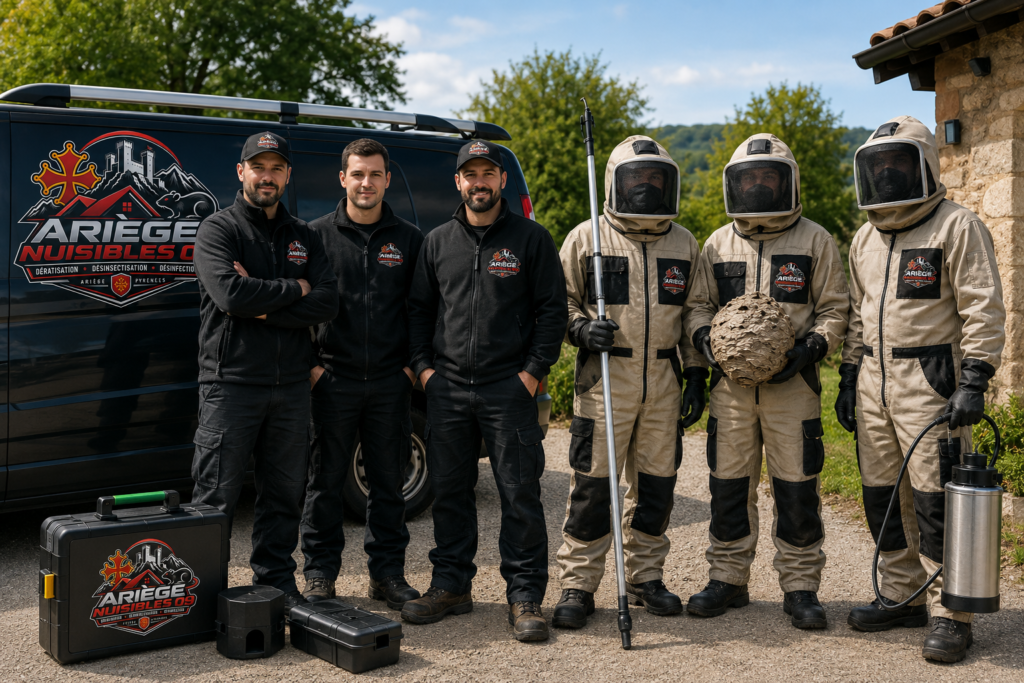 Six techniciens de lutte contre les nuisibles posent devant un véhicule, avec un nid de frelons et du matériel