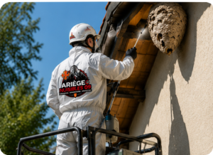 Technicien en combinaison de protection retirant un nid de frelons sous l’avant-toit d’une maison