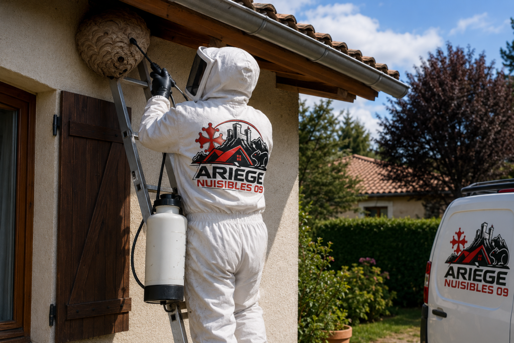 Une personne en combinaison de protection traite un nid de frelons sous l’avant-toit d’une maison