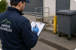 Employé d’Ariège Nuisibles inspectant une poubelle avec une tablette devant un bâtiment