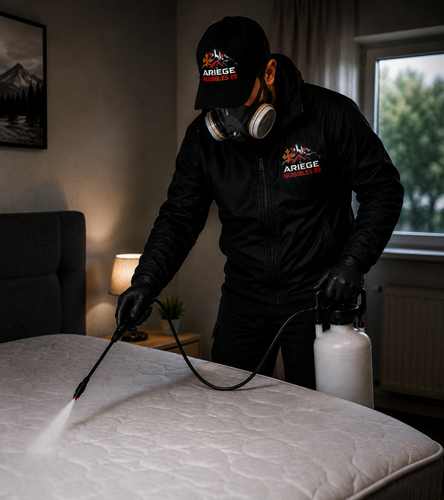 Un professionnel équipé d’un masque pulvérise un produit nettoyant sur un matelas