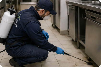 Technicien en tenue de protection inspectant le sol d’une cuisine professionnelle avec un pulvérisateur