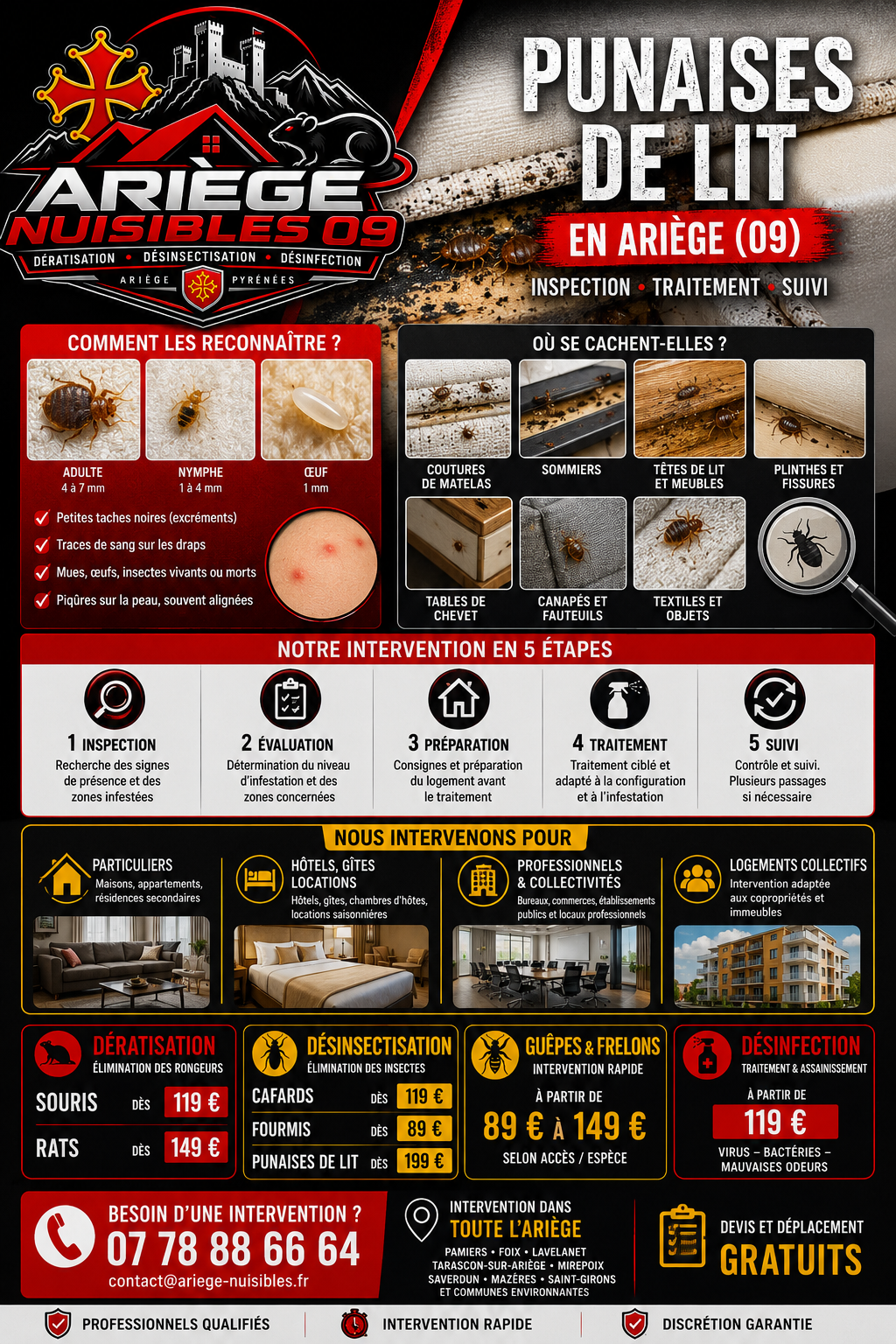 Publicité d’Ariège Nuisibles 09 : dératisation, désinsectisation et désinfection en Ariège, avec tarifs et contact 06 63 29 43 49