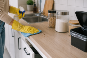 Personne nettoyant un plan de travail de cuisine avec un chiffon, tandis que des miettes sont balayées vers la poubelle
