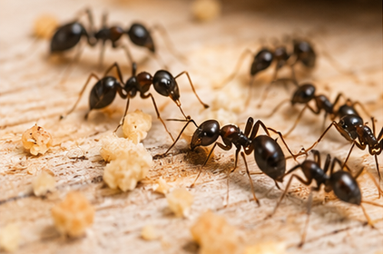 Des fourmis se nourrissent de miettes sur une surface en bois