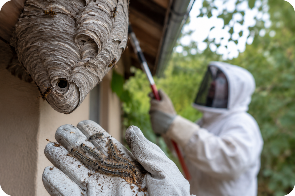 Nid de guêpes avec des insectes et des larves, manipulé par une personne en tenue de protection