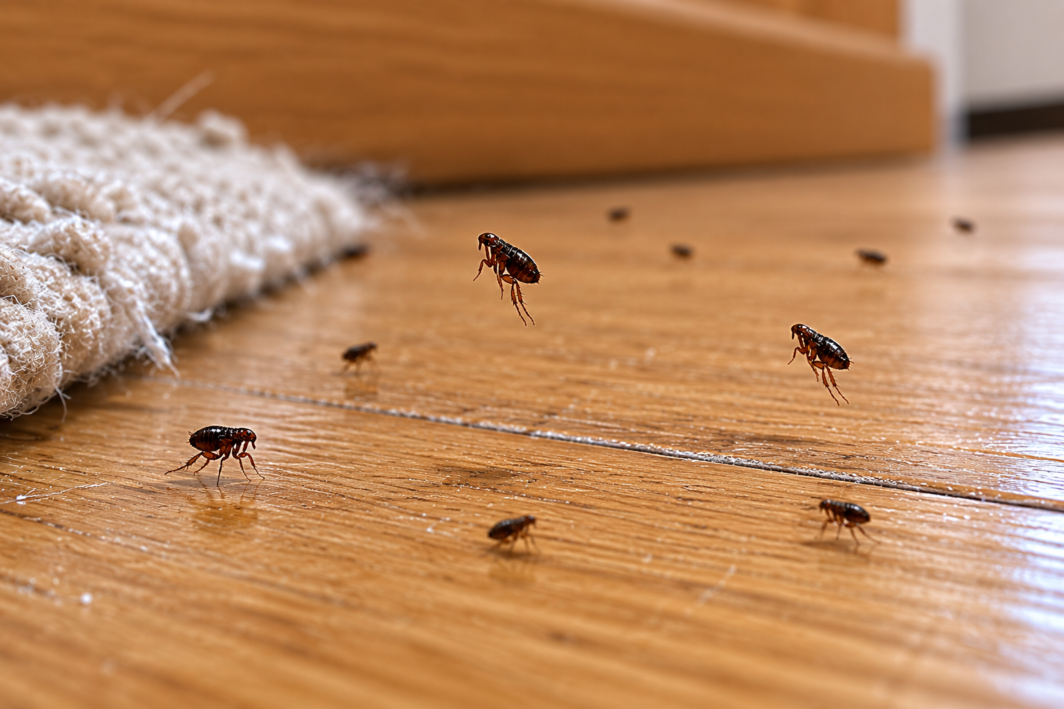 Plusieurs puces se déplacent sur un parquet en bois près d’un tapis