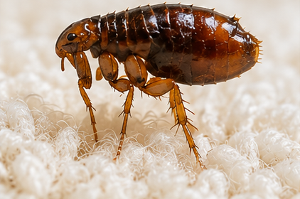 Gros plan d’une puce brune sur un tissu blanc