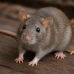 Rat brun aux grandes oreilles et aux moustaches blanches, debout sur un plancher en bois