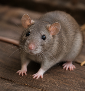 Rat brun aux grandes oreilles et aux moustaches blanches, debout sur un plancher en bois