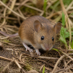 Souris brune sur le sol, parmi des herbes et des brindilles