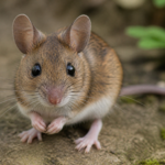 Souris brune vue de face, avec de grandes oreilles, de longues moustaches et les pattes posées au sol