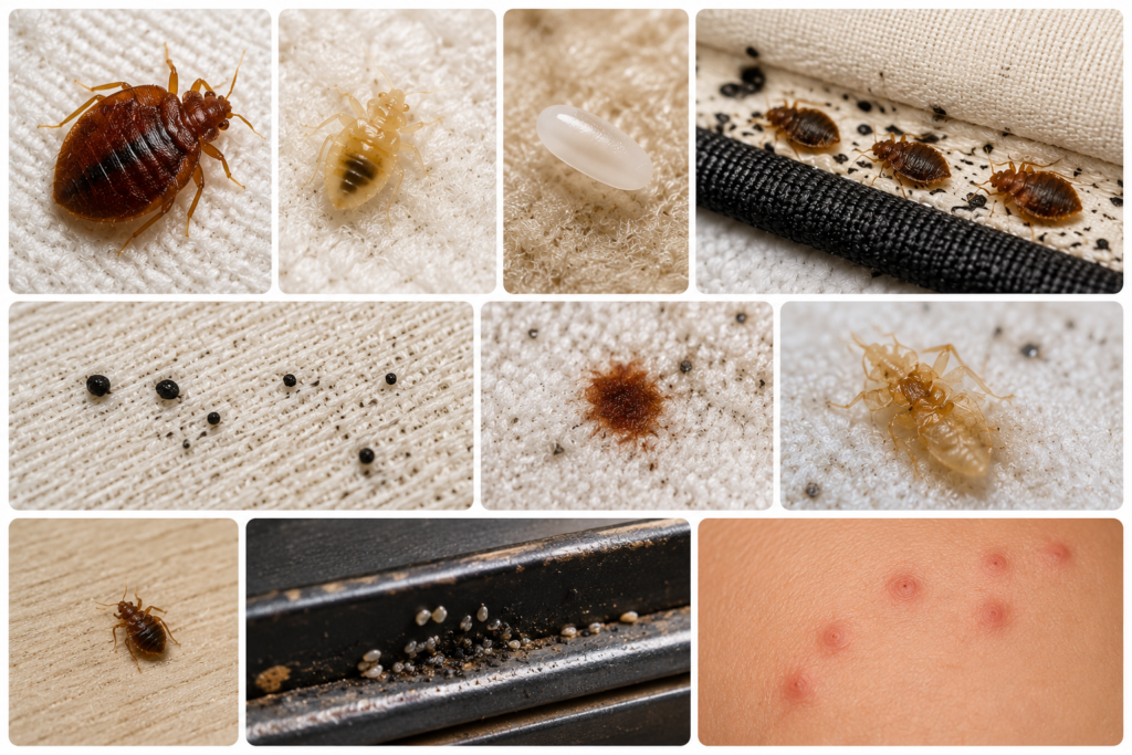 Collage montrant des punaises de lit, leurs œufs, déjections, traces d’infestation et piqûres cutanées